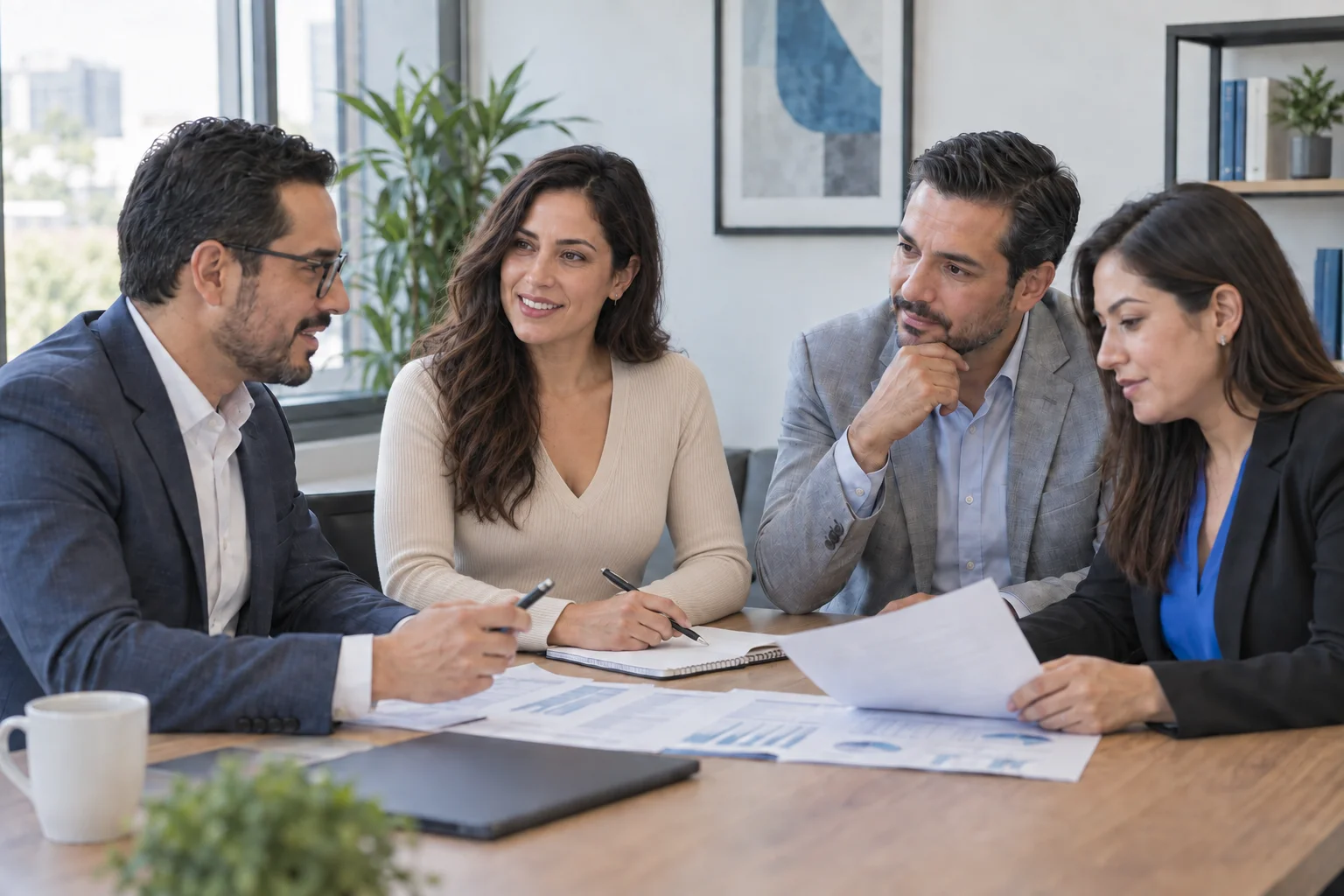 Escena ilustrativa de cuatro profesionales adultos de contabilidad reunidos en una oficina luminosa.
